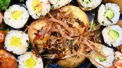 Top pan various sushi closeup at horizontal composition Stock Footage 235869576