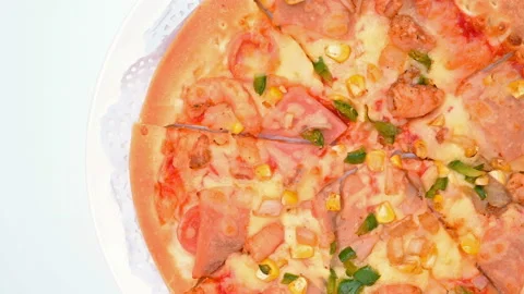Top pan view fresh pizza with shrimps and bacon toppings close up Stock Footage 150230111