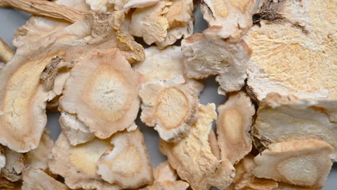 Top pan view herb JieGeng or Platycodonis Radix or Balloonflower Root Stock Footage 147000437