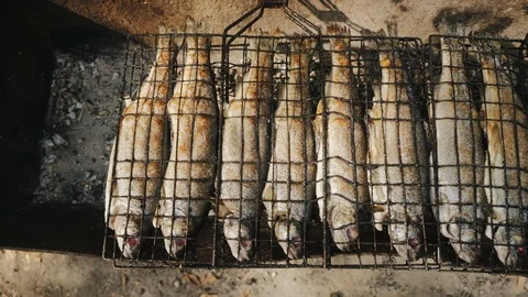 Top PAN view: Trout is grilled outdoors Stock Footage 115476422