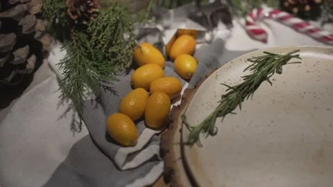 Top panorama close up view on perfect Christmas dinner table decorated for New Y Stock Footage 132676933