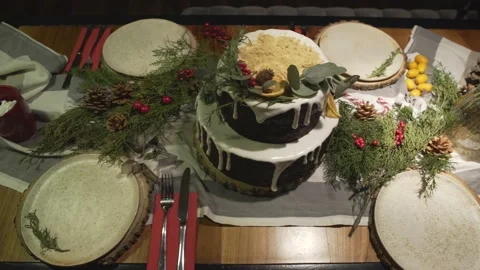 Top panorama view on amazing decorated Christmas cake dinner table for New Year  Stock Footage 132676853