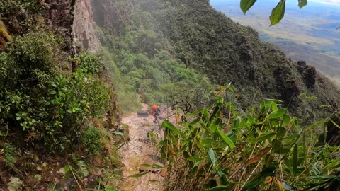 Top panoramic view of backpackers climbing on Roraima Mount, Venezuela 스톡 동영상 244860092