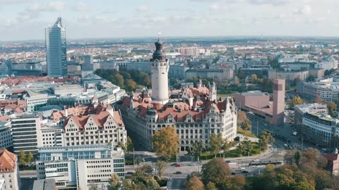 Top panoramic view over Leipzig in Saxony, Germany on a sunny day Stock Footage 205001111