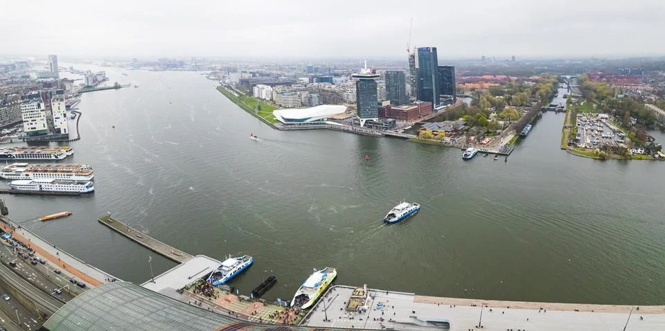 Top panoramic view on the river IJ, Amsterdam, Netherlands Stock Photos
