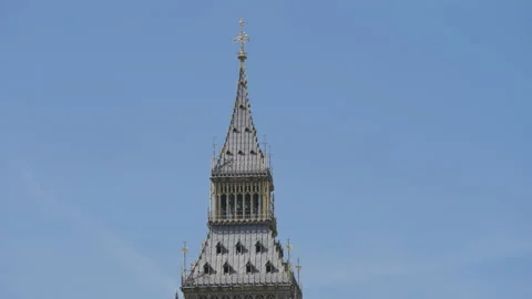 Top part of the Big Ben tower under the blue sky. Stock Footage 196994396