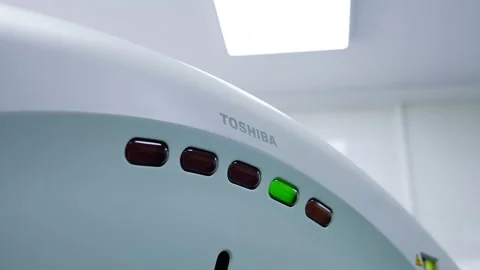 Top part on the magnetic resonance machine Toshiba.  Stock Footage 234579829