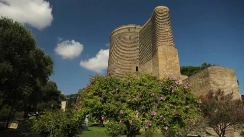 Top part view of an ancient stone Maiden Tower In Baku, Azerbaijan Stock Footage 203833453