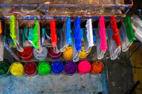 Top Perspective of Mixed Plastisol Inks Ready for Printmaking Stock Photos
