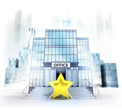 Top rating star in front of office building as business city concept render Stock Illustration