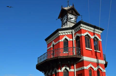 Top of Red Victorian Clock Tower in Cape Town Harbor in South Africa Stock Photos