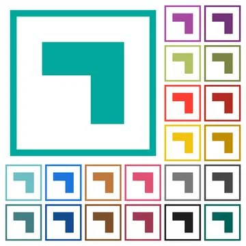 Top right 90 degrees angle arrow solid flat color icons with quadrant frames Stock Illustration