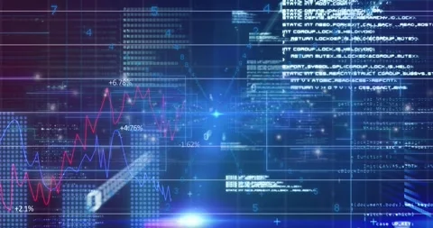 Top-right beam moving to central blue node and HUD, animating finance charts Stock Footage 331380126