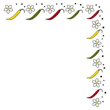 Top Right Corner Frame border with chili peppers fruits and flowers. Isolated Ilustración de archivo