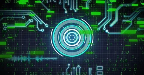 Top-right data surge starting, central HUD rotating, pulsing, green bits Stock Footage 328485967