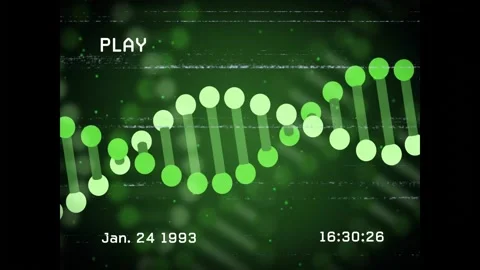 Top-right nodes appearing, forming rotating DNA double helix, visualizing retro Video stock 328657024