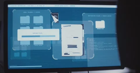 Top secret classified computer files and documents copying onto remote server Stock Footage 336484492