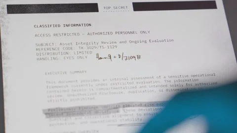 Top secret documents and files with censored lines appear on laptop screen Stock Footage 328026578