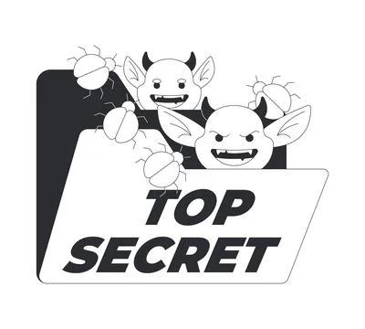 Top secret folder with devils and bugs black and white cartoon clipart Stock Illustration