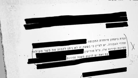 Top secret looking retro document with Hebrew text redacted and censored. Black Stock Footage 305766963