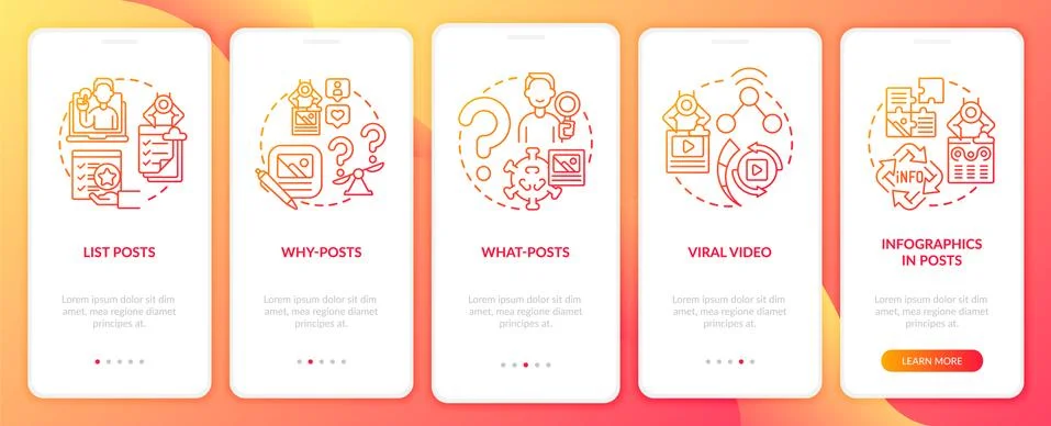 Top shareable posts types onboarding mobile app page screen 스톡 일러스트
