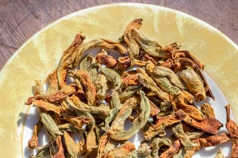 Top shoot of string beans dried under the sunlight on the plate Stock Photos