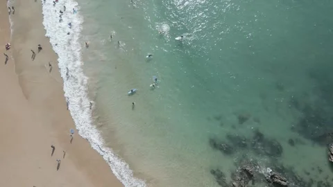 Top shot drift over bay paddle boarders and swimmers Stock Footage 249461216