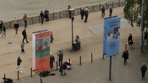 Top shot of sidewalk in front of Tate Modern Gallery. London, UK. Stock Footage 204098771