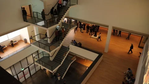 Top shot of stairs and different floors with visitors at the van Gogh museum. Stock Footage 255447660