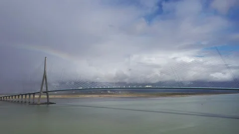 Top side view of a bridge with car and truck traffic. Stock Footage 126524314