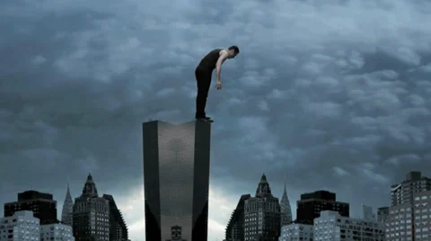 On top of skyscraper. skyline city background. powerful strong man male Stock Footage 32024892