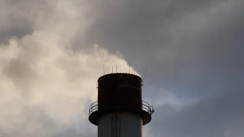 Top of smoke stack with water vapor coming out of it Stock Footage 100876984