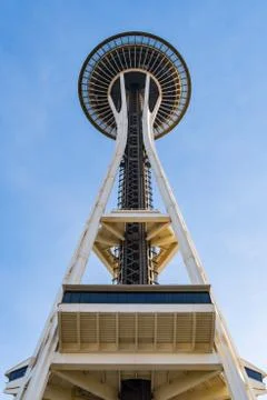 The top of the Space Needle seen from below in Seattle Stock Photos