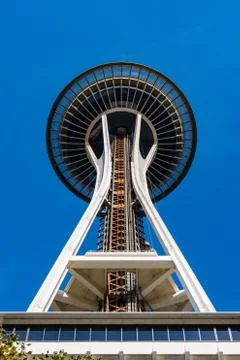 The top of the Space Needle seen from below in Seattle Stock Photos