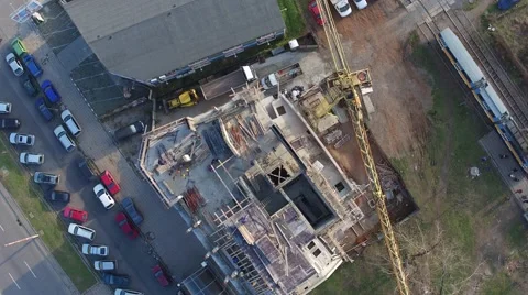 Top spin round view of a construction site with crane residential building Stock Footage 58254430