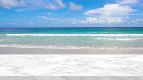 Top table stone marble on beach sea blue sky background Stock Footage 132597303