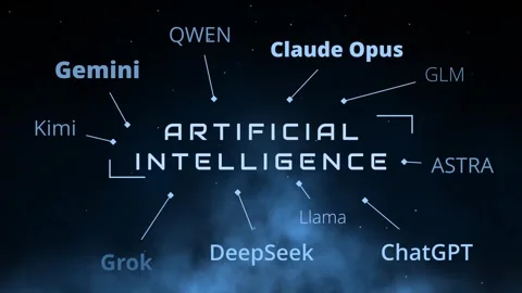 Top ten list of artificial intelligences 2026 like chat gpt gemini claude opus Stock Footage 346531667