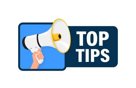 Top Tips. Hand hold megaphone speaker for announce. Attention please. Shouting Stock Illustration