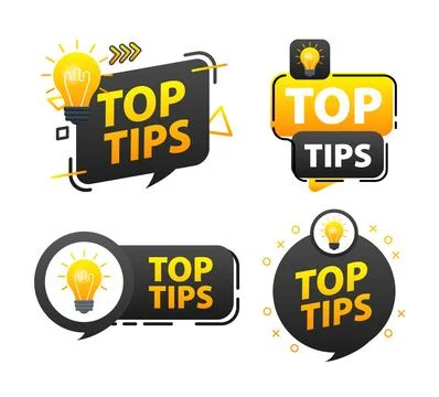 Top tips label set. light bulb. Top tips and tricks from experts in their field Stock Illustration