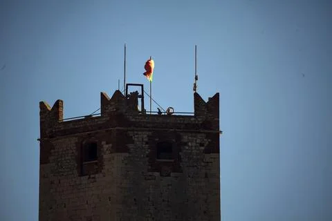 Top of a tower with a clear sky as background Stock Photos