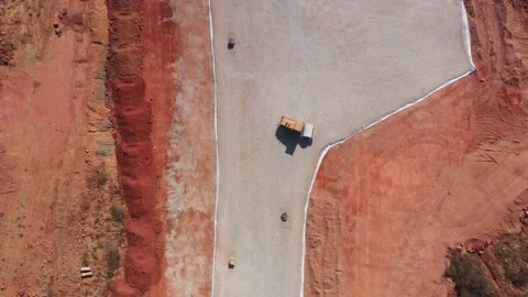 Top view of 1 rollers construction on gravel road Stock Footage 234991121