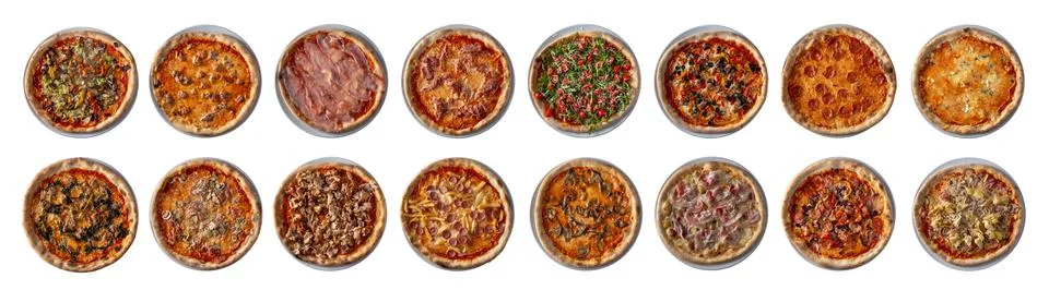 Top view 16 pizzas with various flavours. isolated white background Foto stock