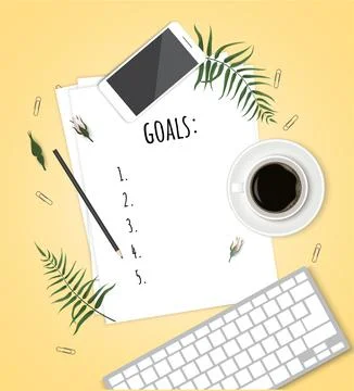 Top view 2018 goals list with notebook, cup of coffee on wooden desk. Stock Illustration