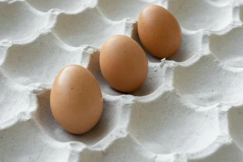 Top view of 3 eggs in a row on a cardboard. Stock Photos
