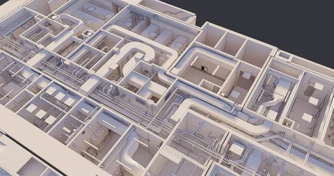 Top view 3D BIM model of the floor plan of a building with utilities 库存影片 119451311