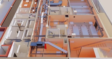 Top view 3D BIM model of the floor plan of a building with utilities 库存影片 119451338