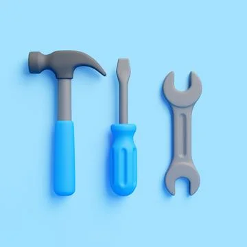 Top View of 3D Cartoon Tools: Hammer, Screwdriver, Wrench Stock Illustration