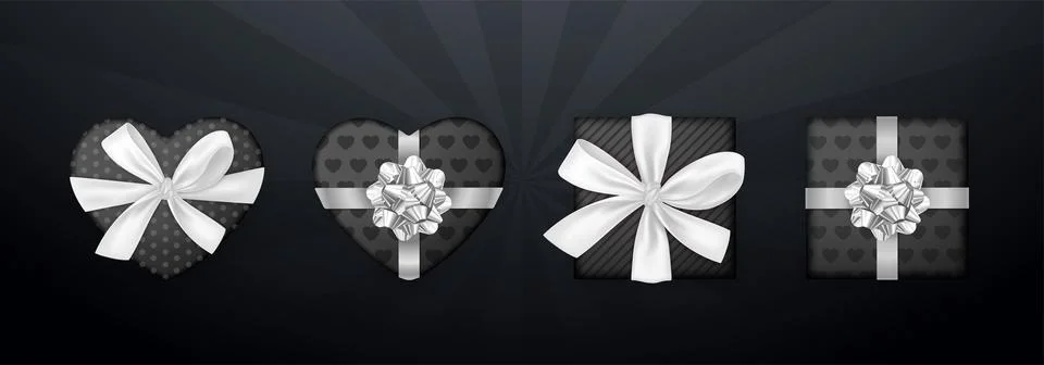 Top view 3d gift boxes set with white ribbon bow isolated on a black backgrou Stock Illustration