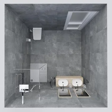 Top view of 3d gray colored modern design bathroom interior render scene Stock Illustration