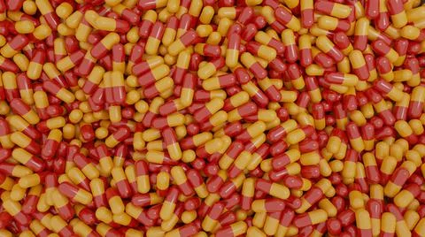 Top View 3D Illustration of Many Medical Capsules Used for Medication of Illn Stock Illustration